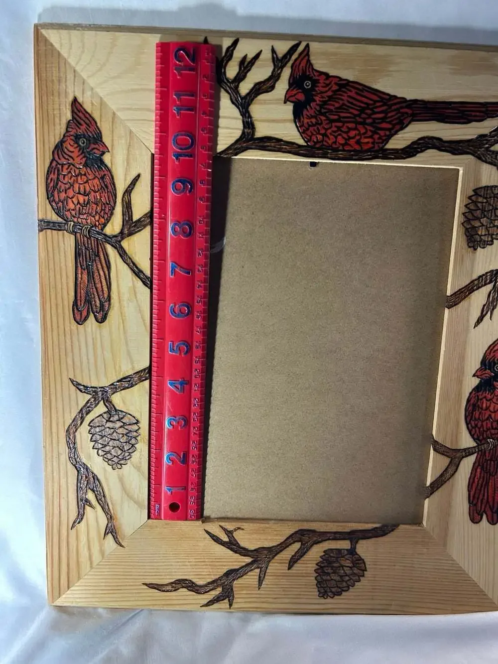 Red Cardinal pinewood rustic picture frame country core 8x10 burned art NO Glass